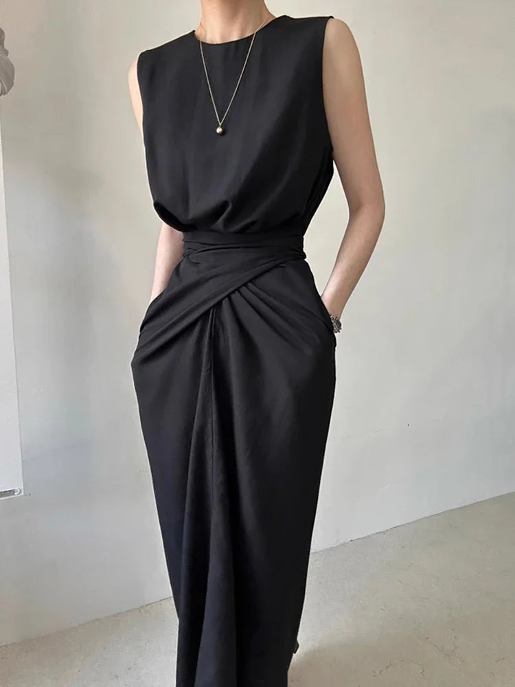 Elegant Round Neck Slimming Waist Twisted Tie Vest Dress