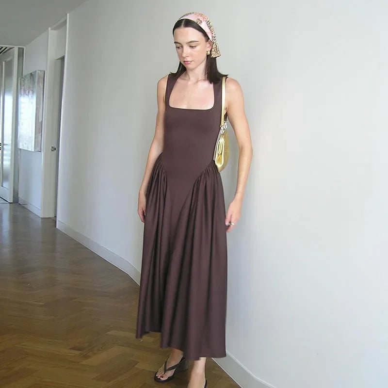 Elegant Pleated Square Neck Sleeveless Slim A-Line Maxi Dress