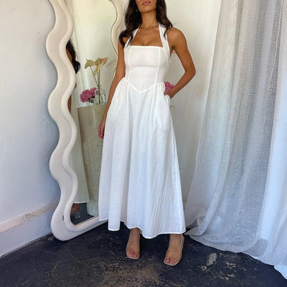 2025 Spring Summer Casual Vacation Solid Color High Waist Sleeveless Hanging Neck Dresses for Women Dress Women Female Clothing