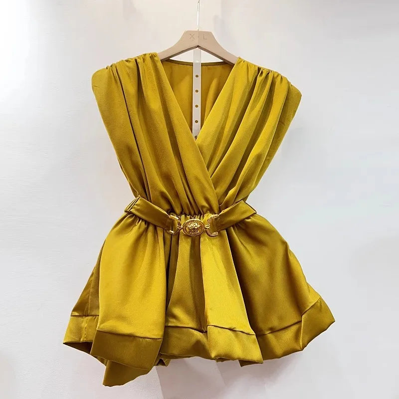 Vintage V-Neck Ruched Ruffle Blouse
