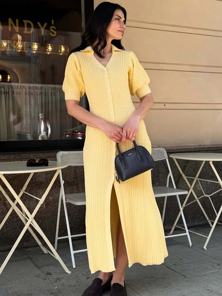 Slit Long Cardigan Knit Dress – Women’s Patchwork Maxi Dress