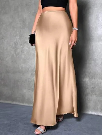 Elegant Satin High Waisted Maxi Skirt | A Line Long Skirts
