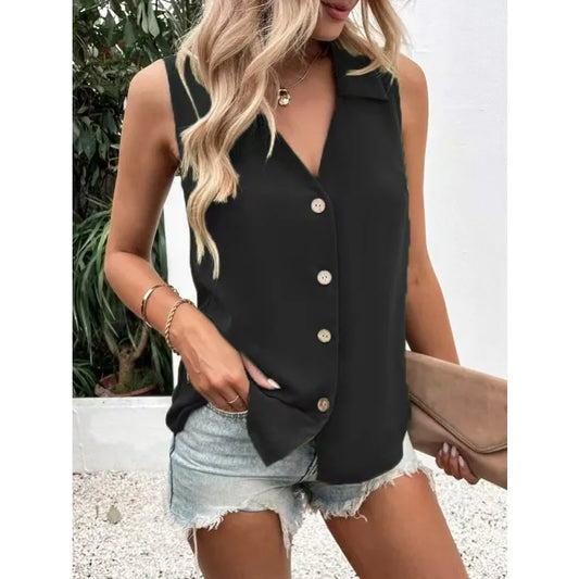 2025 Summer New Women's Vest   Pure Color V-Neck Loose Chiffon Sleeveless Twisted Button Top Blouse Shirt