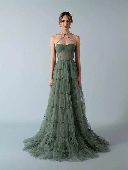 Green A-Line Prom Dress – Halter Sweetheart Draped Illusion Floor