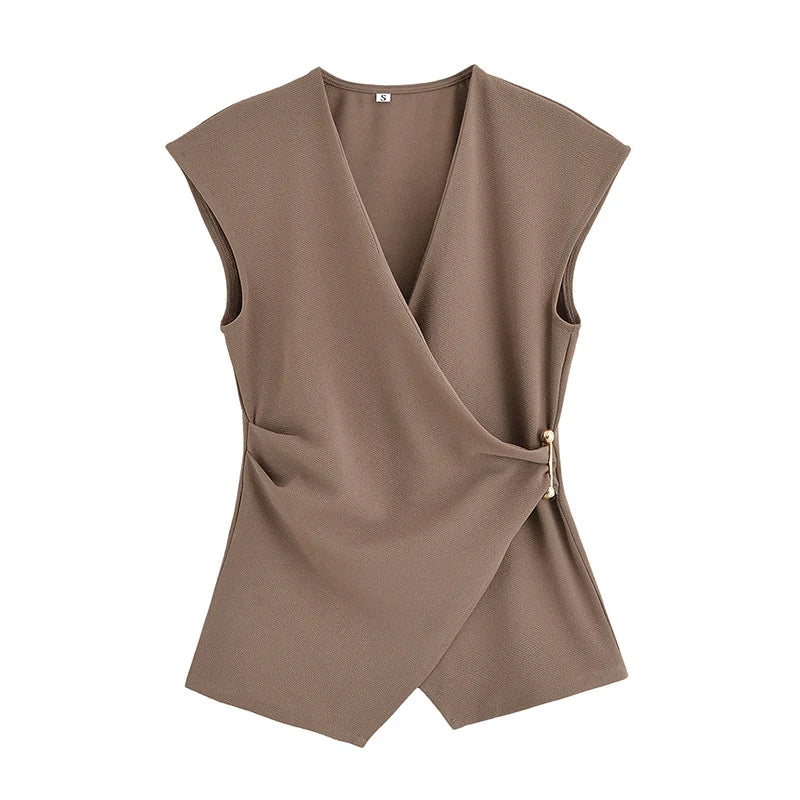 Brown sleeveless top with a knot detail on a white background