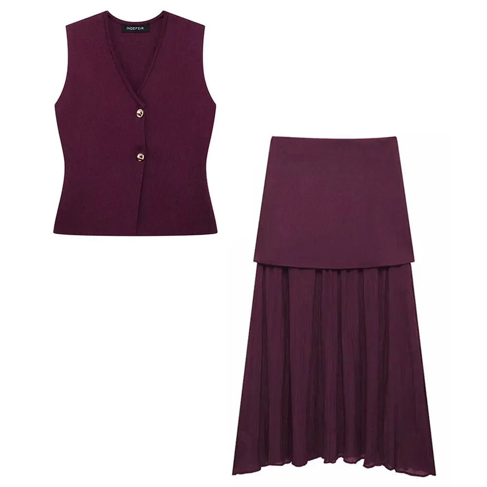 Wine Red Knitted Skirt Set – V-Neck Sleeveless  Vest + High Waist Long Skirt