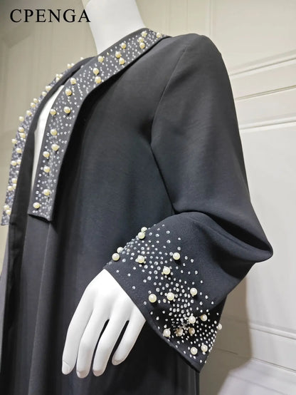 2024 Dubai Women Pearl Black Abaya Dress Luxury Ramadan Arabic Muslim Modest Cardigan Islamic Coat Fashion Turkey Solid Robe