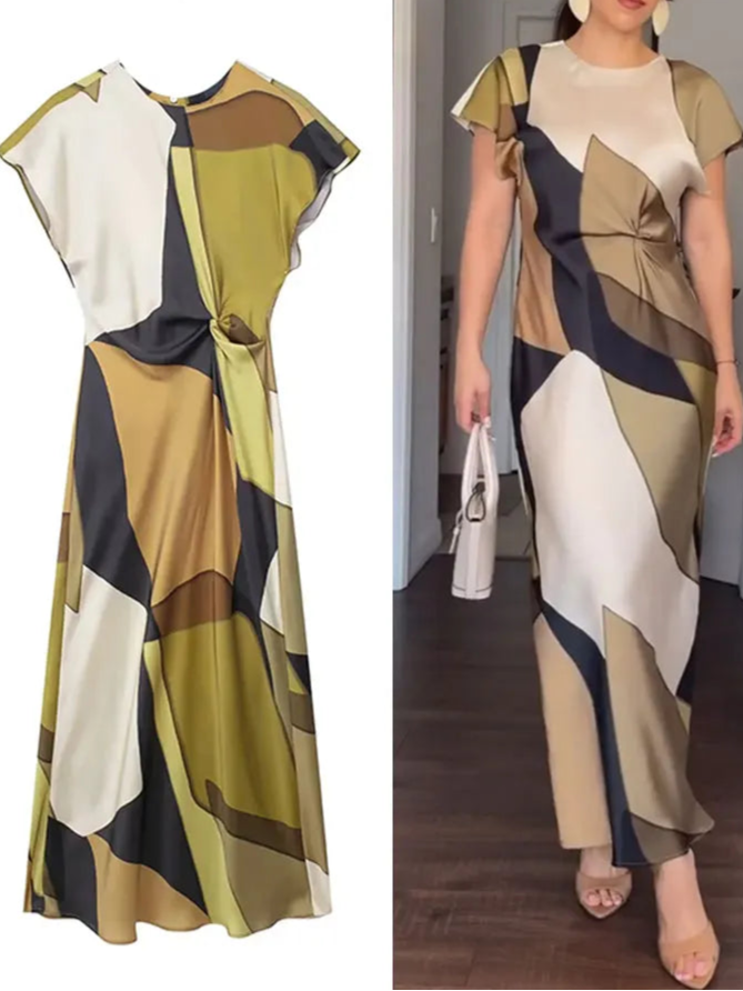 Women’s Vintage Print Midi Dress – O-Neck Waist Cinched