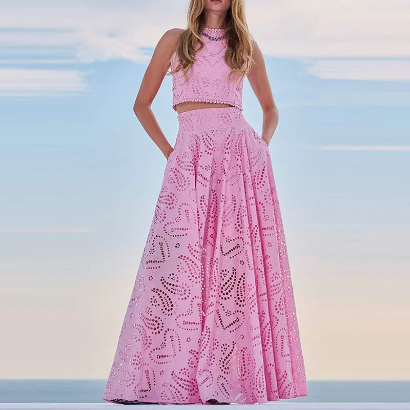 Hollow Out Sleeveless Top & Embroidered Skirt Set | Women’s Casual Outfit