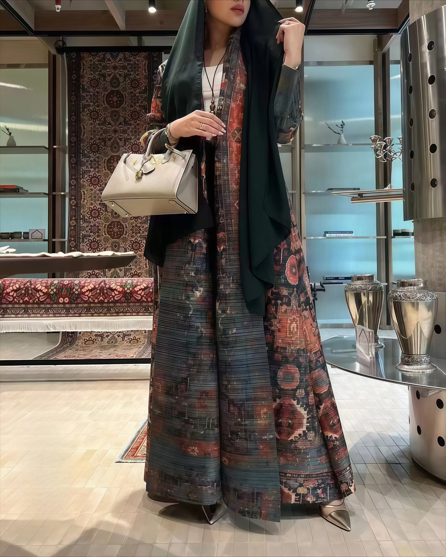 Woman in a patterned dress holding a beige handbag in an indoor setting.