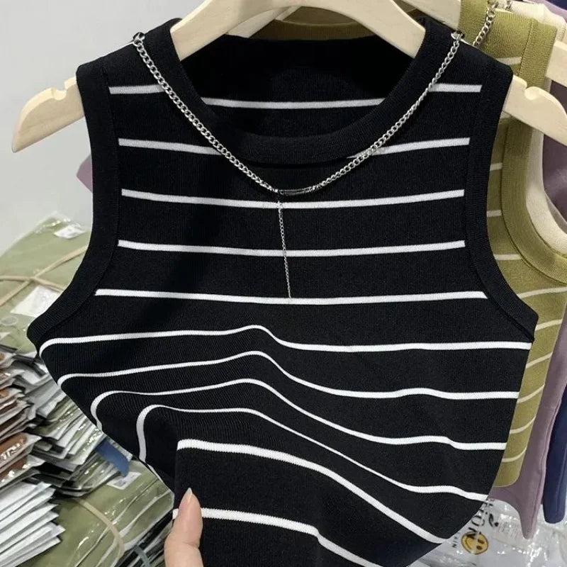 Elegant Knit Vest Cardigan for Women – Striped Office Lady Sweater