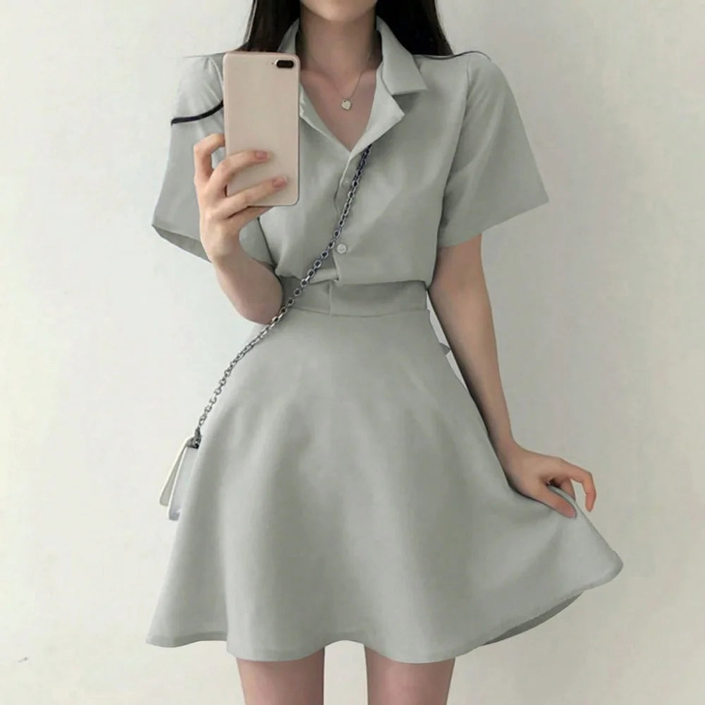 Pullover Solid Color Short Sleeve Dress | Casual Button Skirt Dress