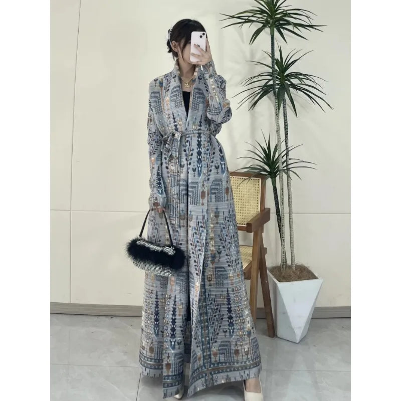 Pleated Long Trench Coat | Elegant Cape-Print Robe Coat