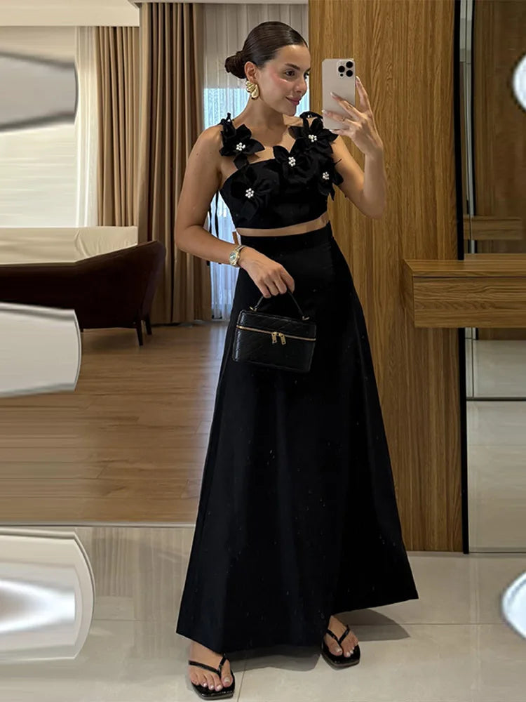 3D Printed Women’s Skirt Set – Sleeveless Crop Top & Maxi Skirt