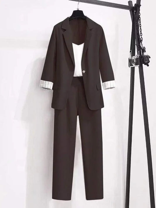 2025 spring new plus size Korean elegant women's suit female blazer leisure pants Tweed suit jacket three piece jacket pants set