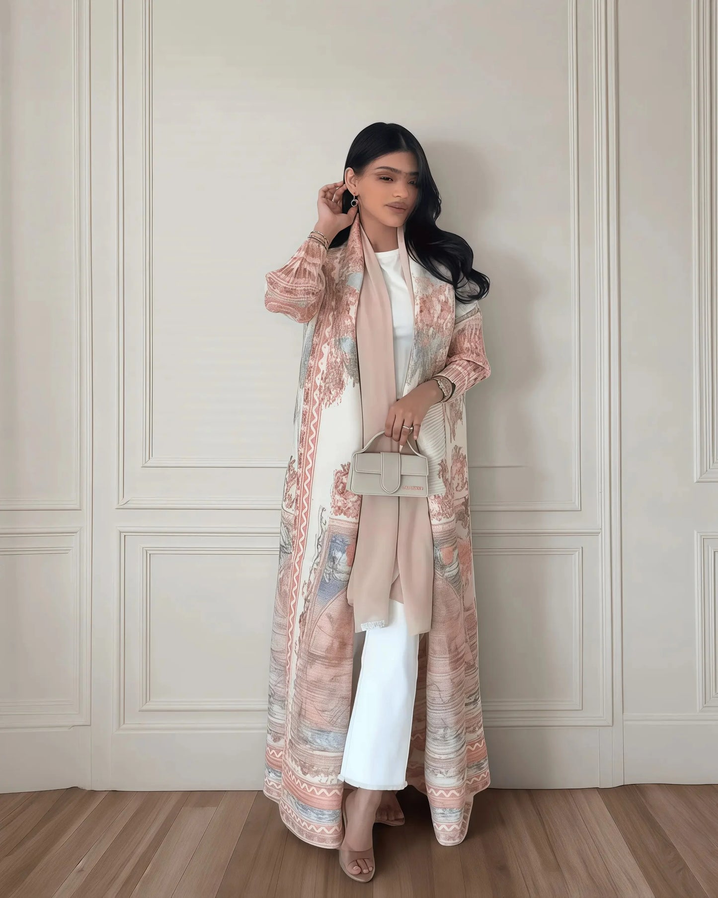 Women’s Long Coat | Printed Muslim Abaya with Waist Belt