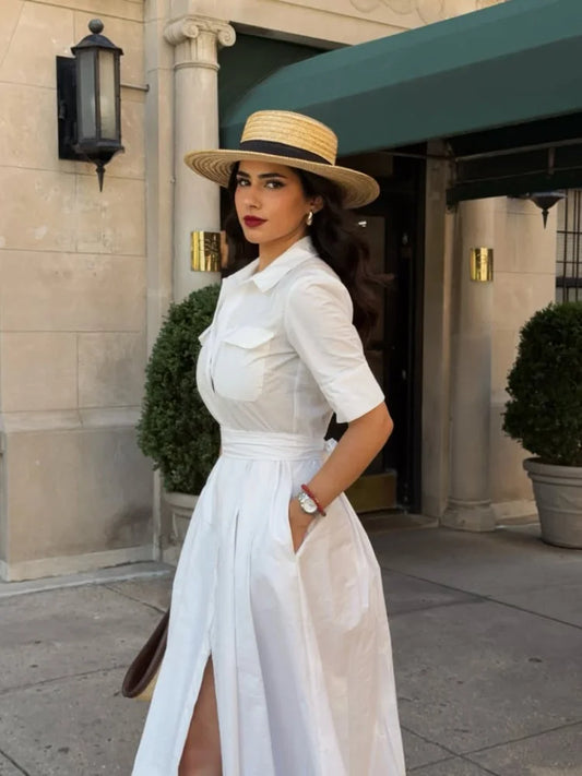 Casual Shirt Dress Women Lapel Pocket Short Sleeve Slim