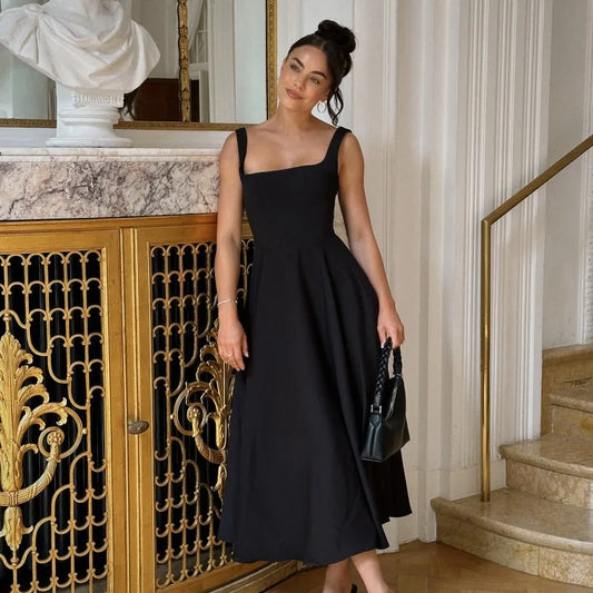 Solid Long Dress – Square Neck Sleeveless Suspender