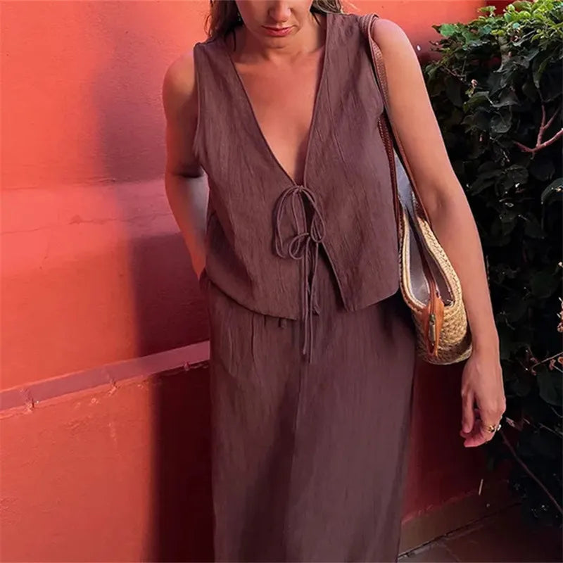 Vintage Solid Midi Skirt & Bow Cropped Vest Top
