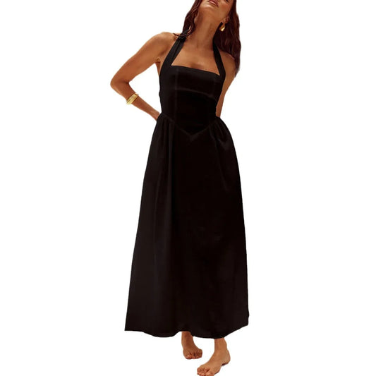 2025 Spring Summer Casual Vacation Solid Color High Waist Sleeveless Hanging Neck Dresses for Women Dress Women Female Clothing