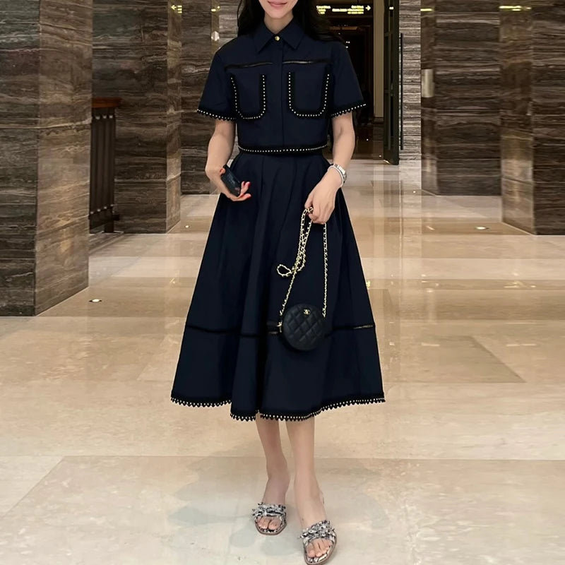 High Waist Flared Skirt & Pearl Embellished Ruffle Collar Top