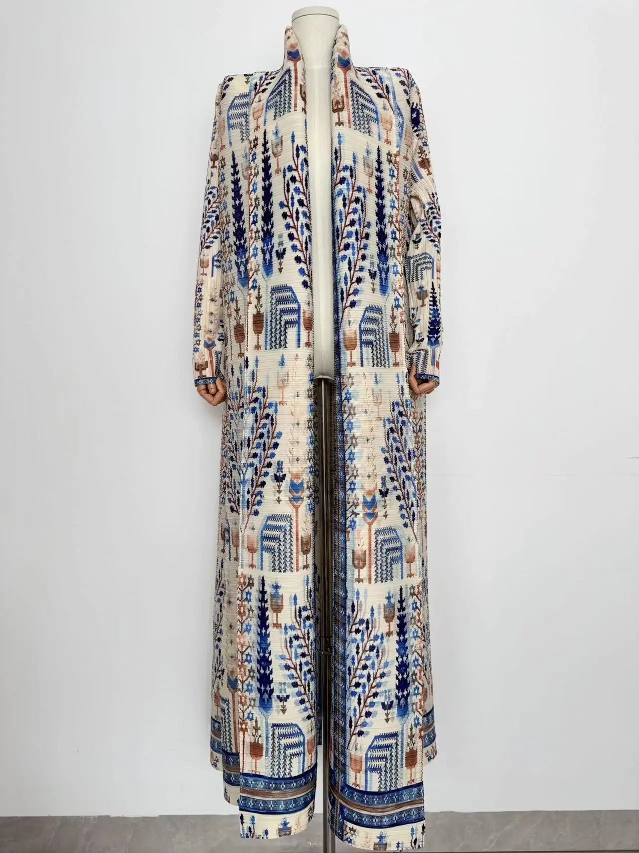 Printed Pleated Coat with Belt | Loose Long Contrast Color Coat