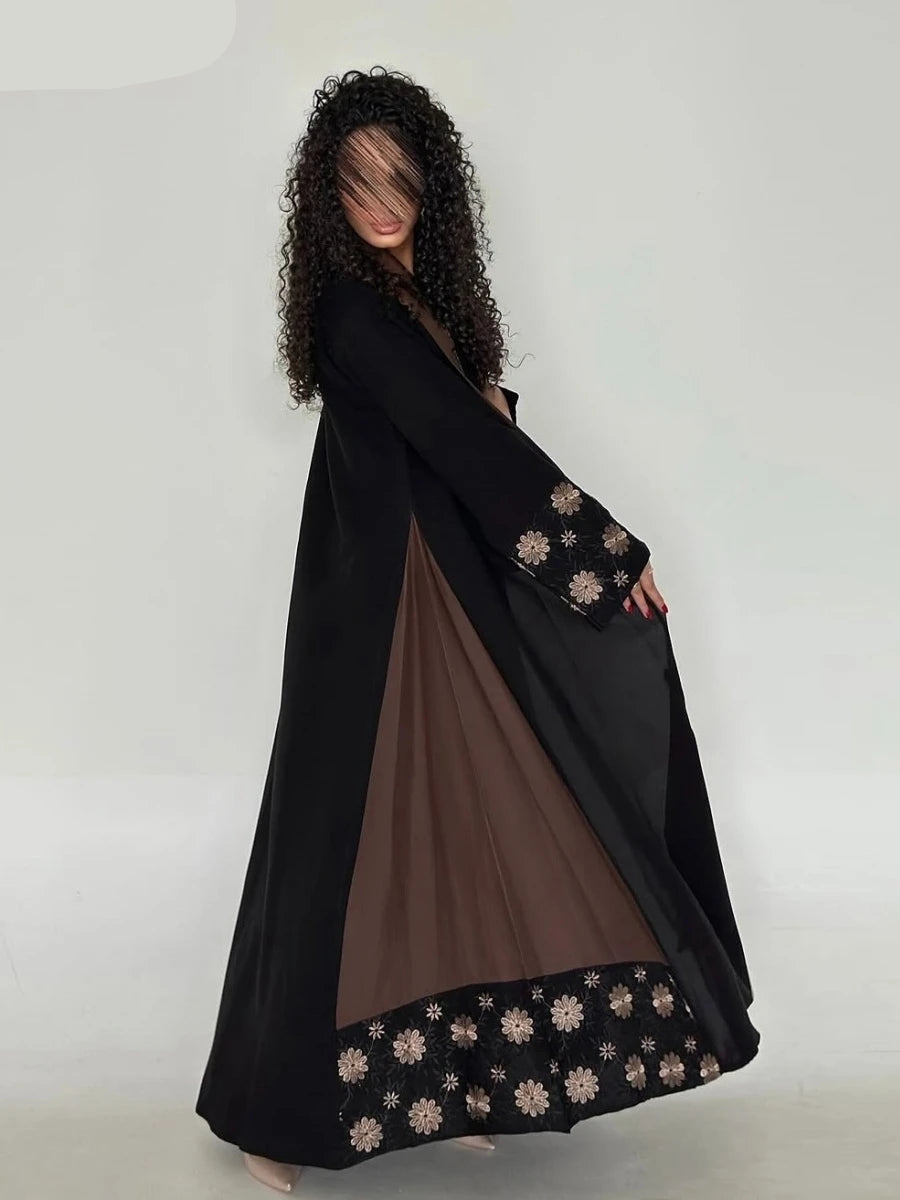 Embroidered Open Abaya | Elegant Patchwork Loose Kaftan