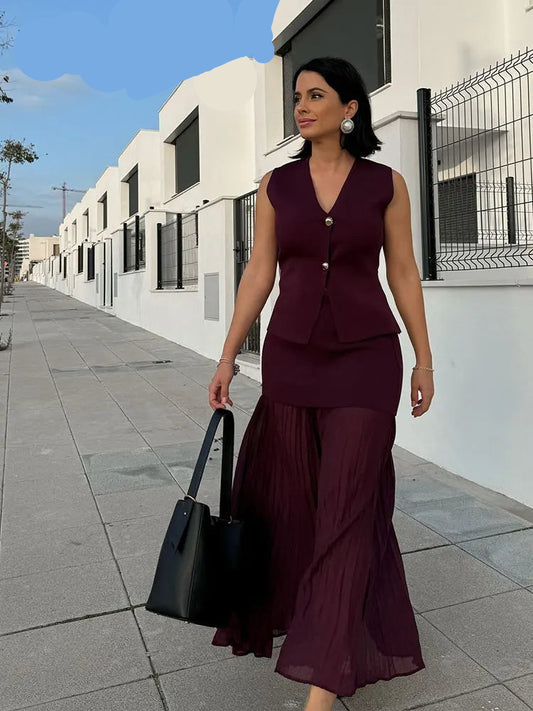 Wine Red Knitted Skirt Set – V-Neck Sleeveless  Vest + High Waist Long Skirt
