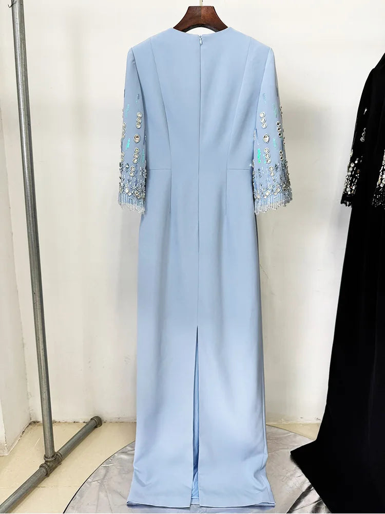 HIGH STREET Newest Fashion 2025 S/S Designer Vestido Women's Half Sleeve Stunning Beaded  Long Maxi Dress