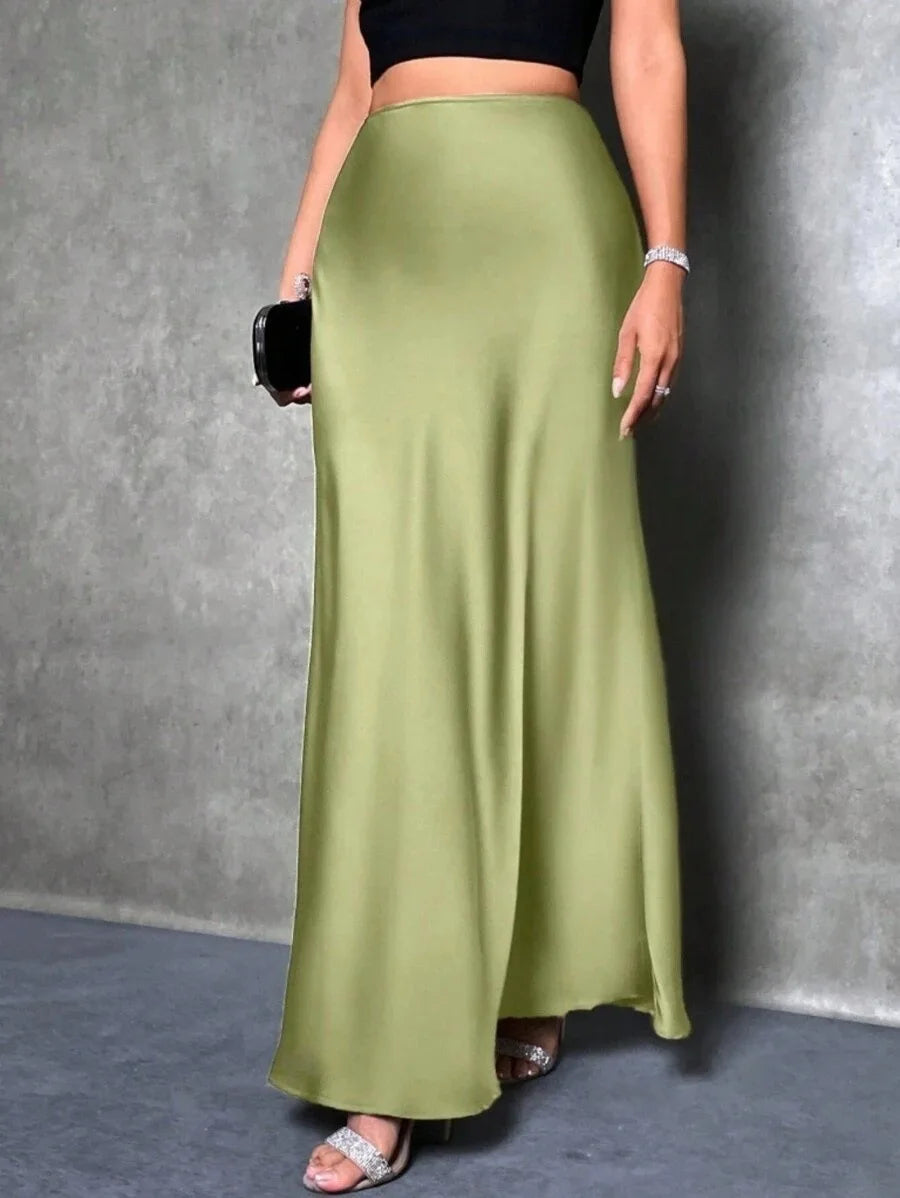 Elegant Satin High Waisted Maxi Skirt | A Line Long Skirts