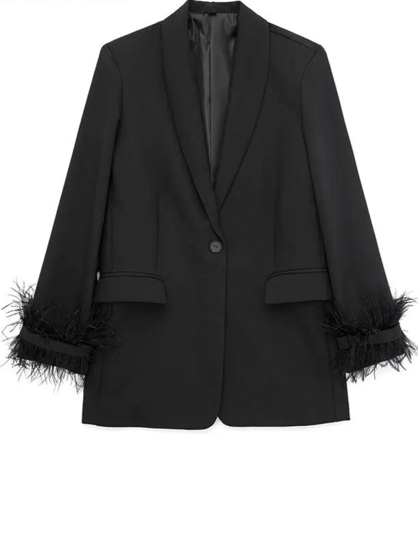 Black blazer with feathered cuffs on a white background, branded 'Willsheela'.
