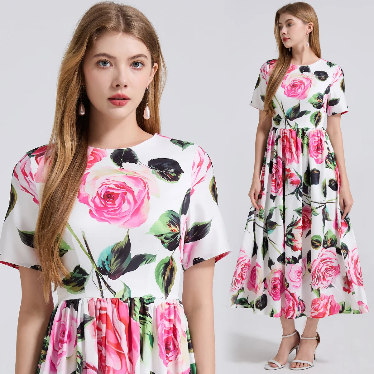 Woman wearing a floral dress with pink roses on a white background