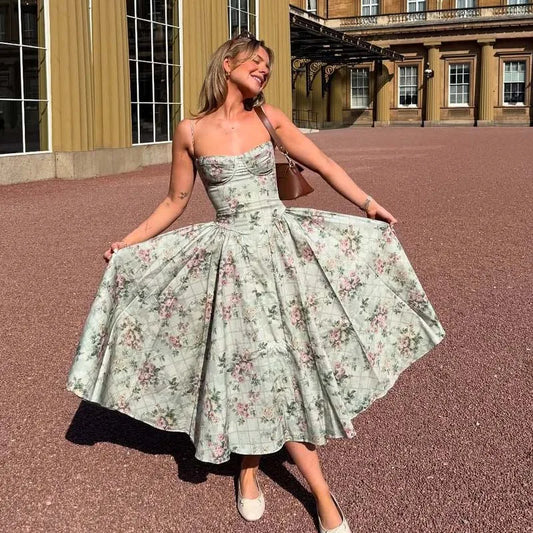 Green Floral Print Spaghetti Strap Dress – Sexy A-line Midi Dress
