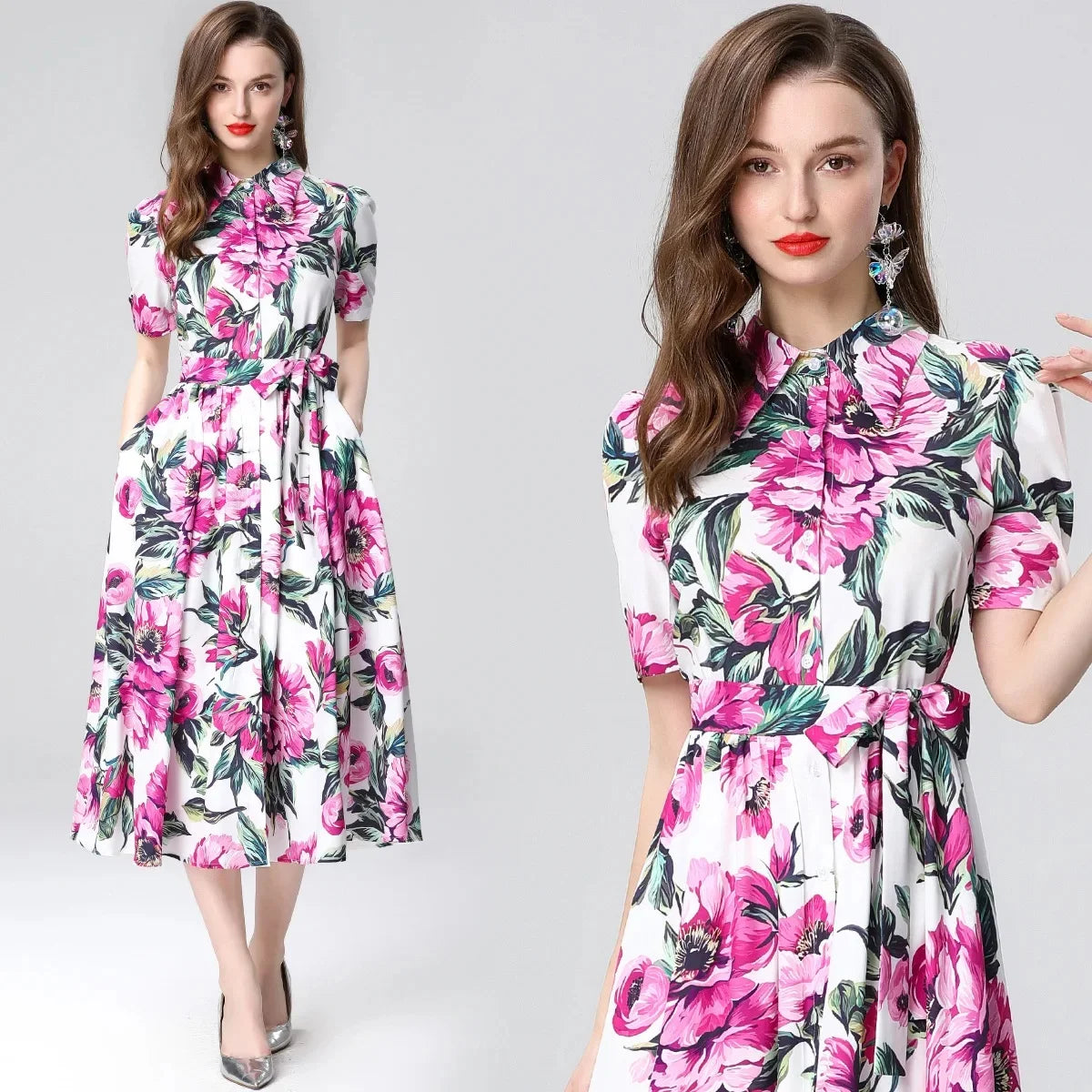 Woman wearing a floral dress on a gray background