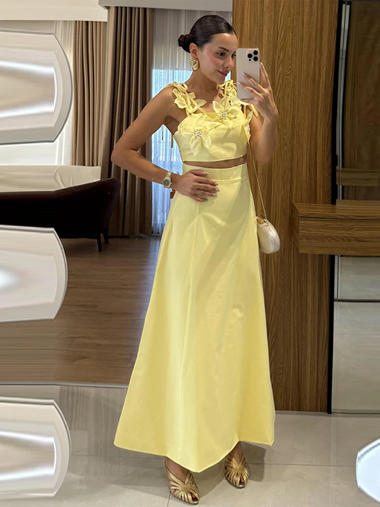 3D Printed Women’s Skirt Set – Sleeveless Crop Top & Maxi Skirt