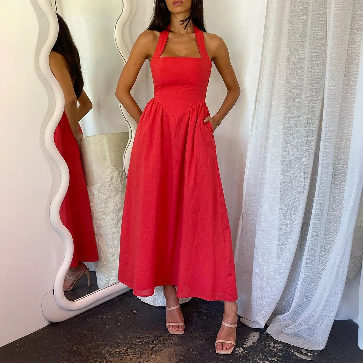 2025 Spring Summer Casual Vacation Solid Color High Waist Sleeveless Hanging Neck Dresses for Women Dress Women Female Clothing