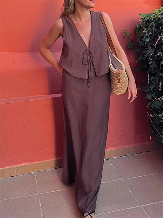 Vintage Solid Midi Skirt & Bow Cropped Vest Top