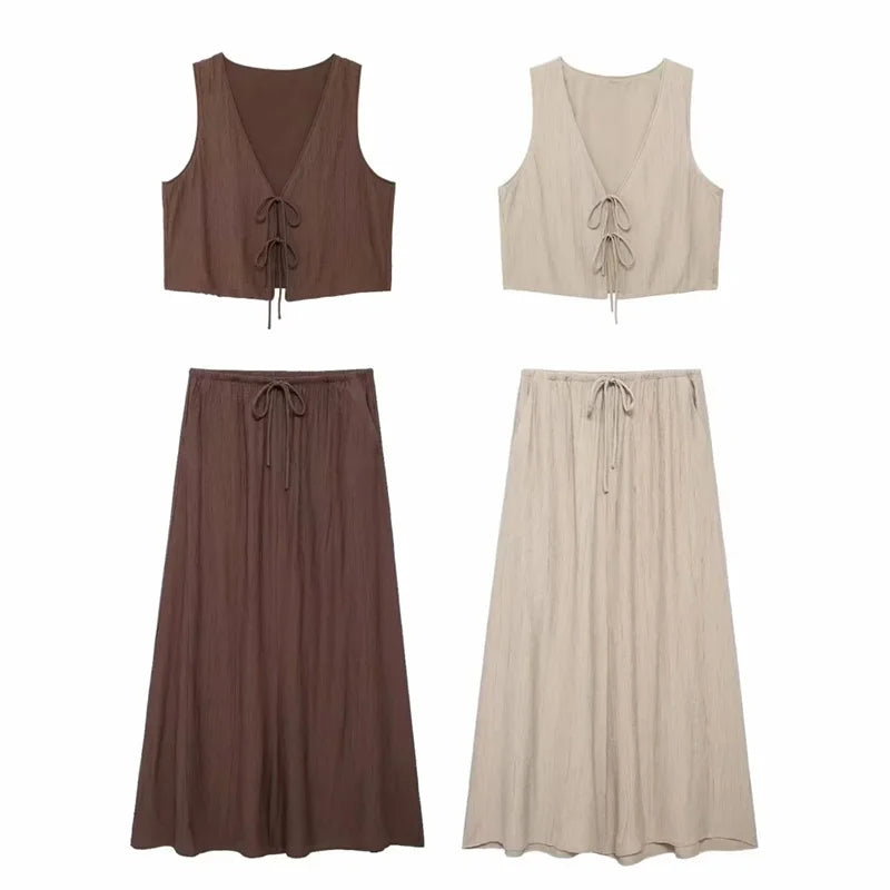 Vintage Solid Midi Skirt & Bow Cropped Vest Top
