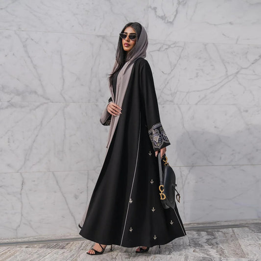 Embroidered Patchwork Abaya – Elegant Open Cardigan Dress