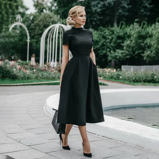 2024 Women Elegant Black Dress Half High Collar High Waist A-Line Dresses Slim Fit Dress Office Lady Female Solid Vestidos