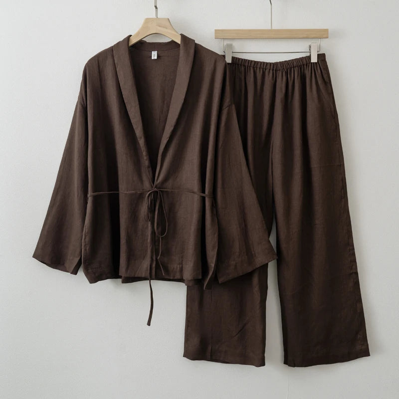 2025 Summer Women Linen Kimono Blouse Pants sets