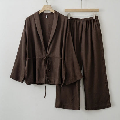 2025 Summer Women Linen Kimono Blouse Pants sets
