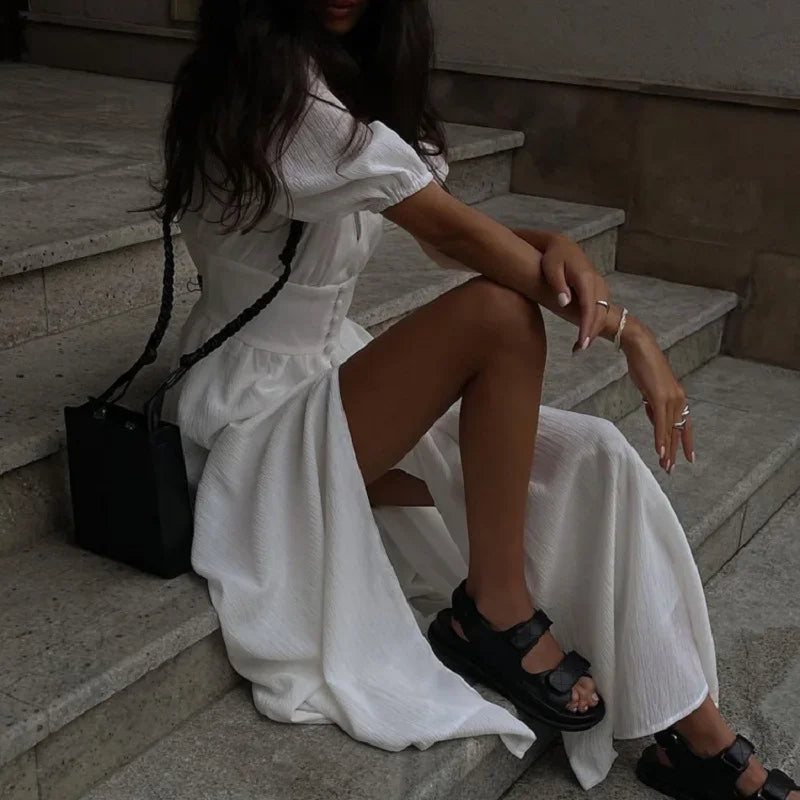 French Puff Sleeve Strapless Chic Long Dress with High Split