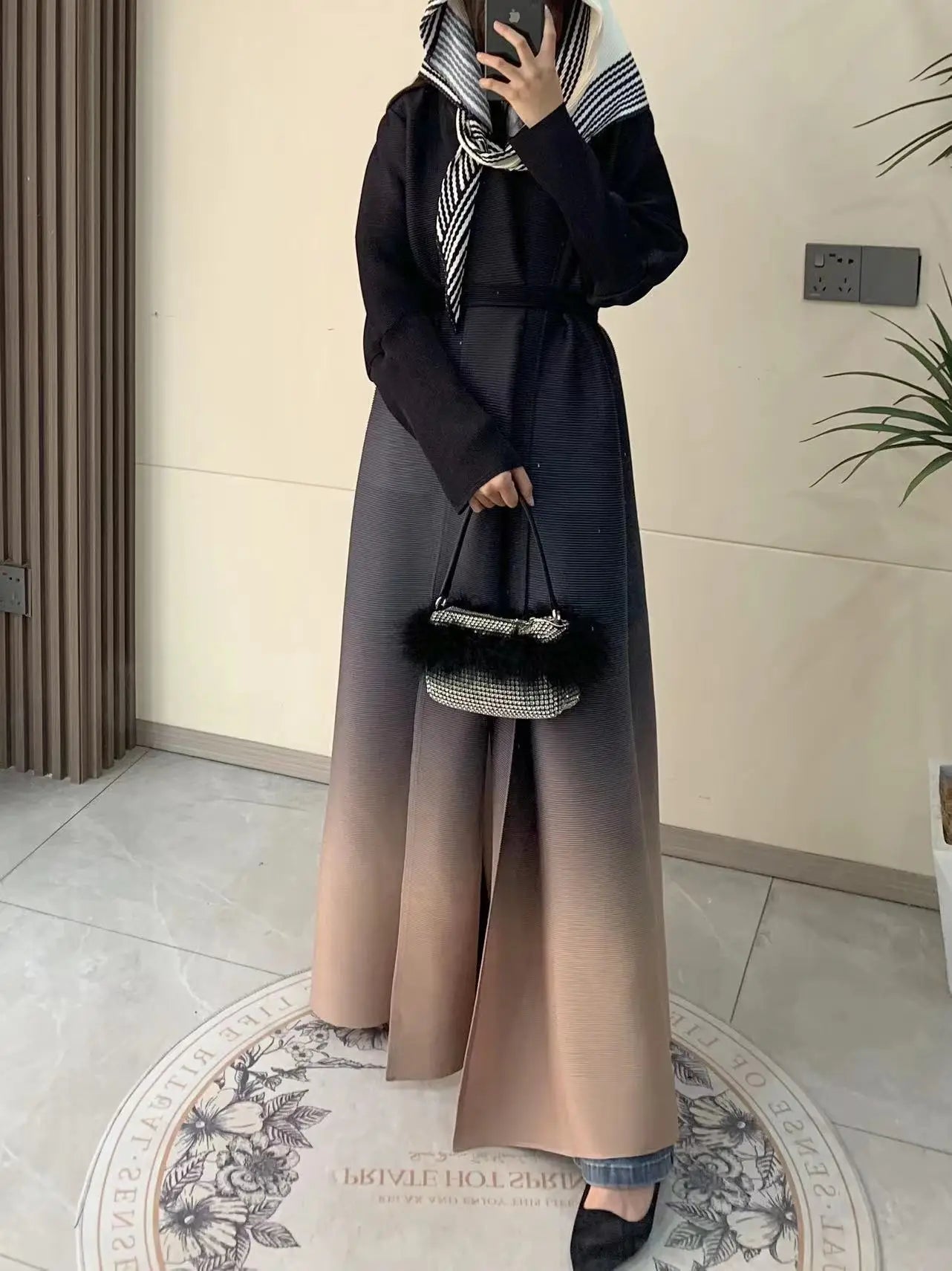 Printed Pleated Coat with Belt | Loose Long Contrast Color Coat