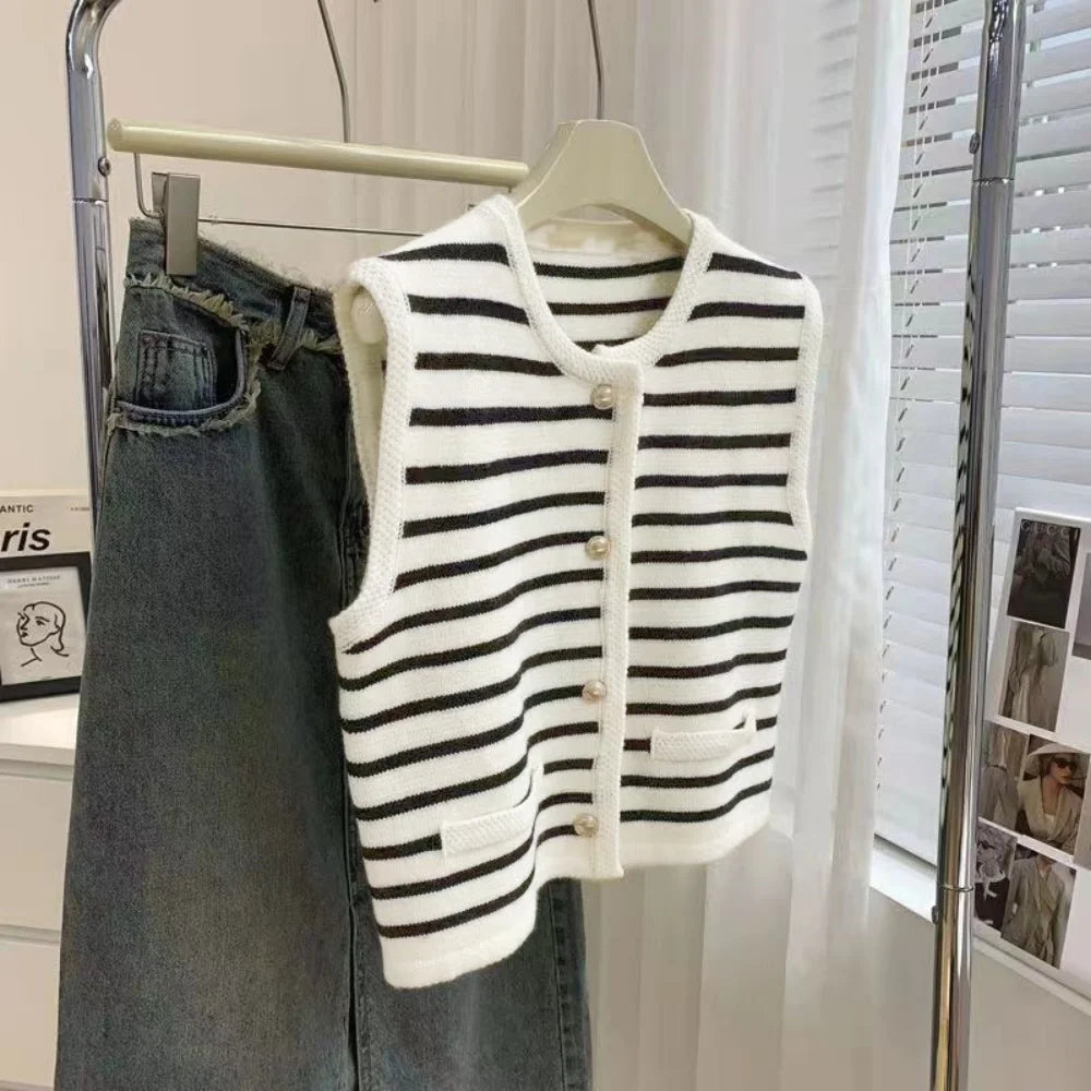 Elegant Knit Vest Cardigan for Women – Striped Office Lady Sweater