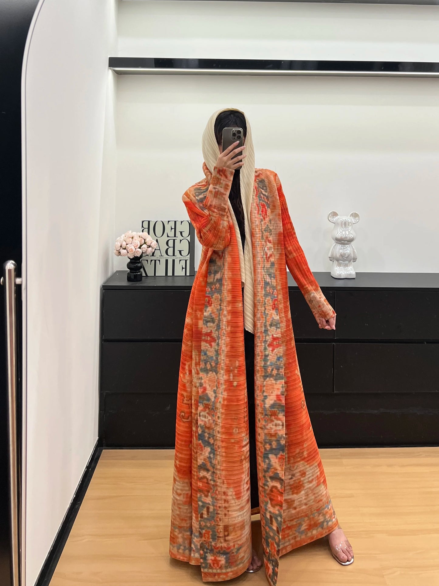 Pleated Long Trench Coat | Elegant Cape-Print Robe Coat