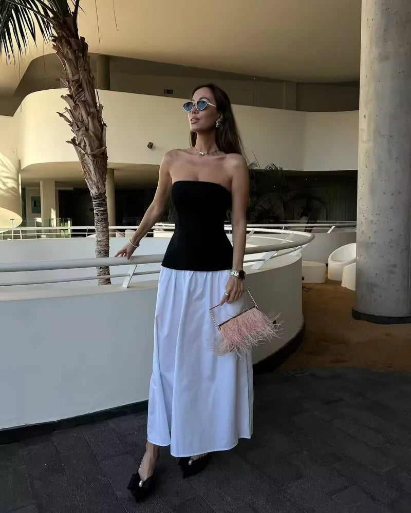 Spring Strapless Dress – Elegant Color Contrast Patchwork