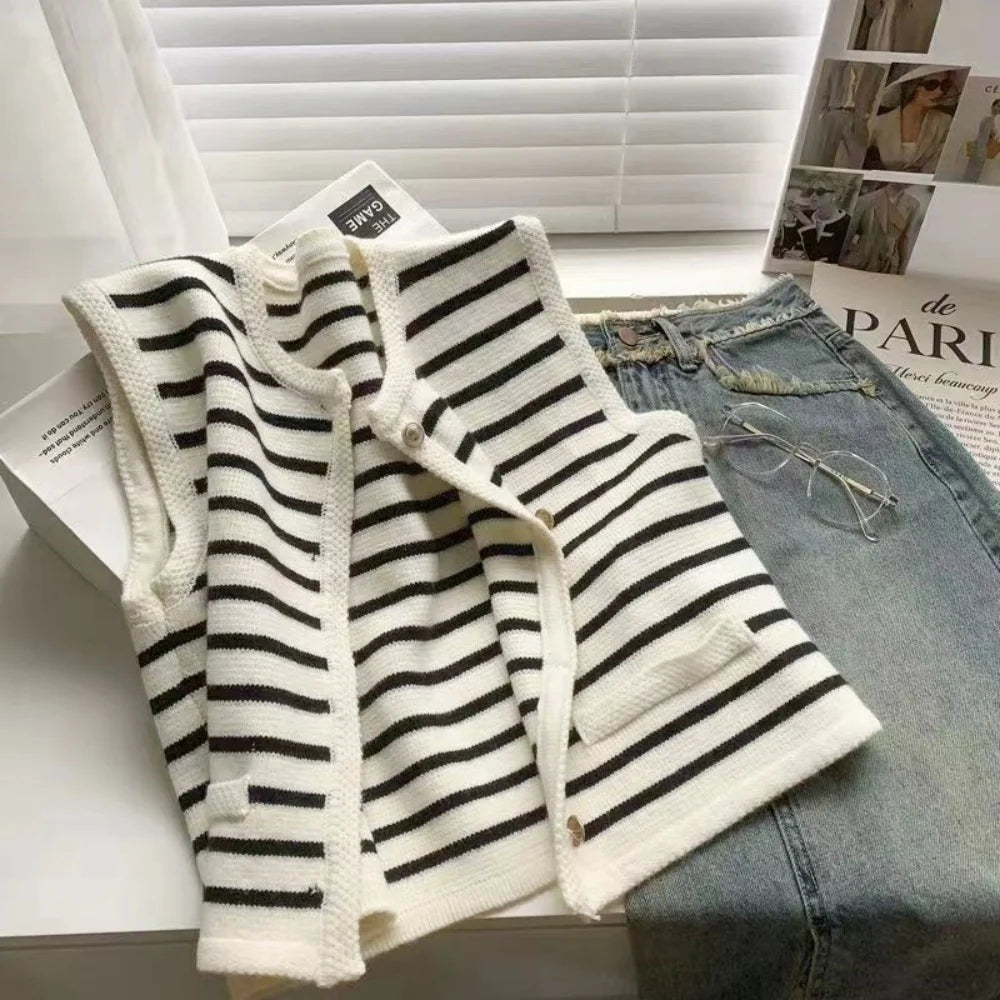 Elegant Knit Vest Cardigan for Women – Striped Office Lady Sweater