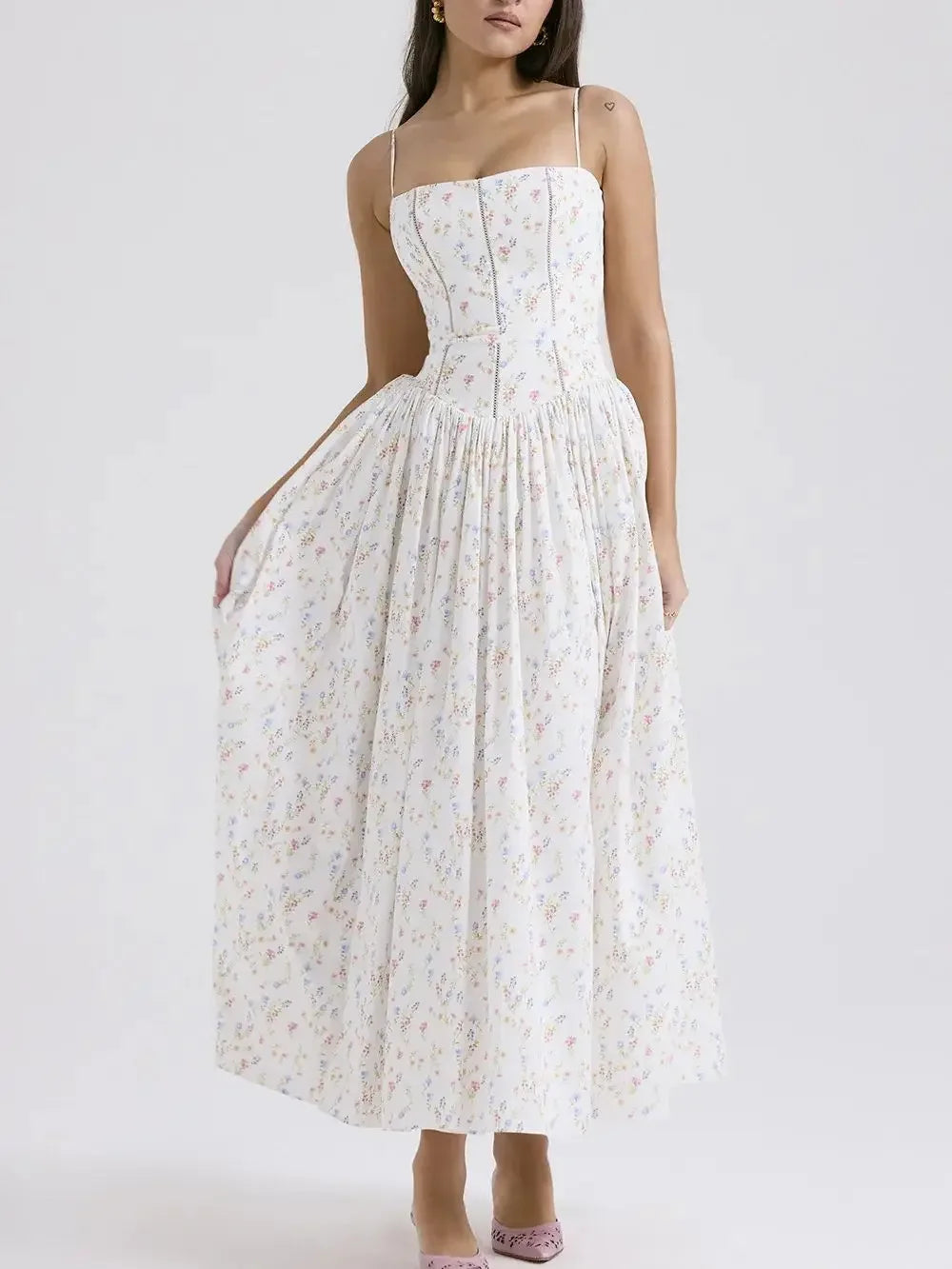 Elegant White Corset Detail Spaghetti Strap Dress
