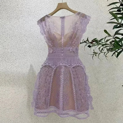 2025 Autumn Fashion Embroidery Flower Dress Vintage Runway Women O Neck Short Sleeve Mesh Dot Bodycon Slim Party Midi Vestidos